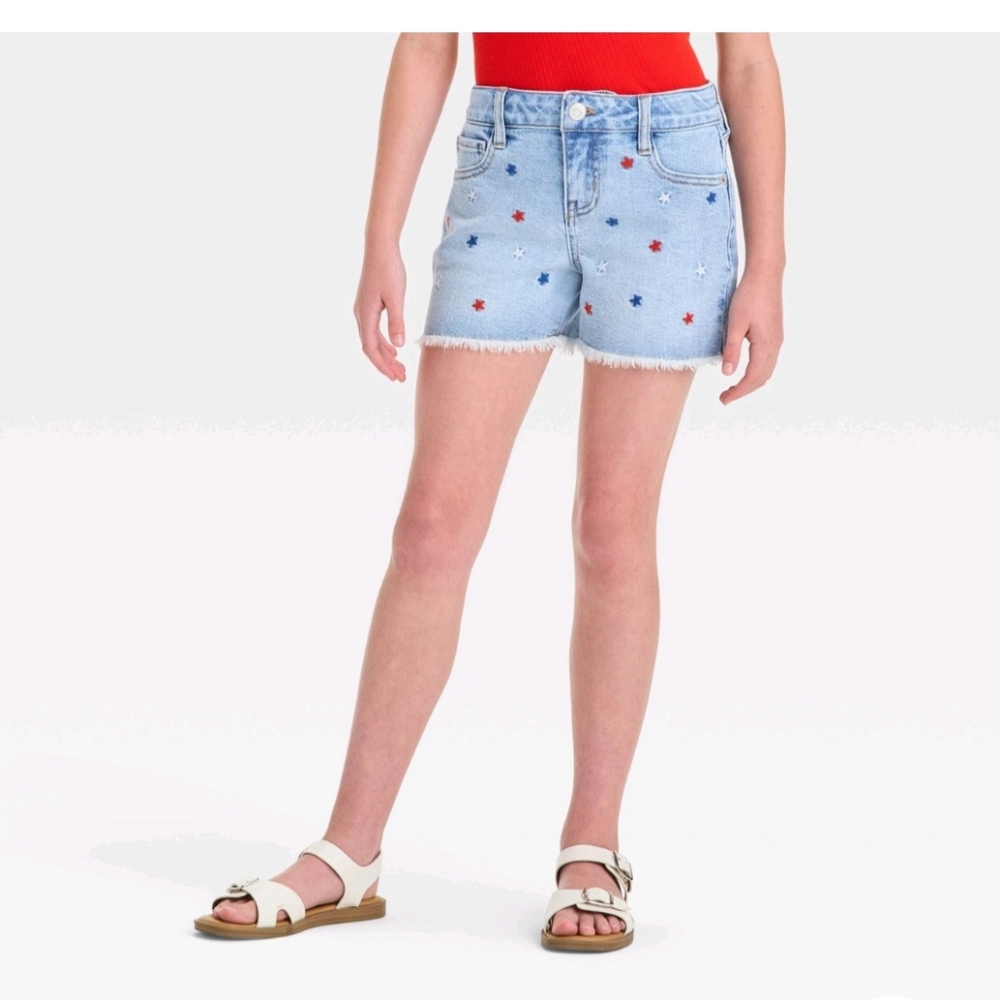 🆕️ Cat & Jack Cutoff Mid-Rise Shorts  Embroidered Stars Girls' Plus LARGE PLUS